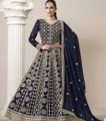 Faux georgette embroidered navy blue gown for festival