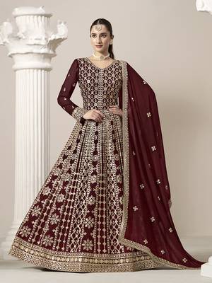 Faux georgette embroidered maroon gown 1