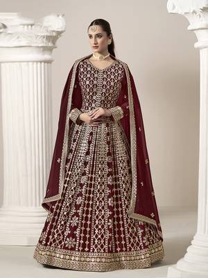 Faux georgette embroidered maroon gown 2