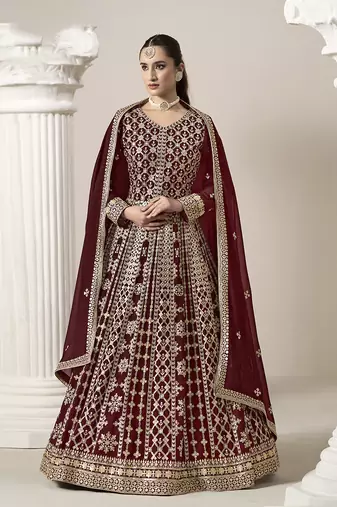 Faux georgette embroidered maroon gown