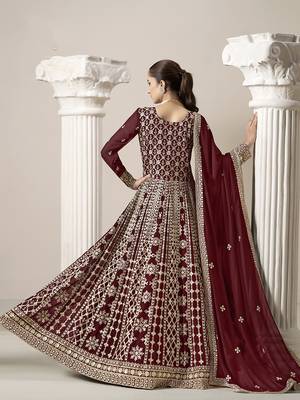 Faux georgette embroidered maroon gown 3