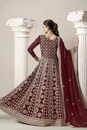 Faux georgette embroidered maroon gown