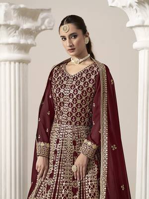 Faux georgette embroidered maroon gown 4