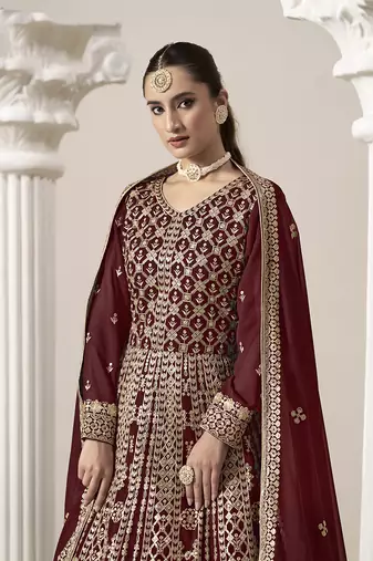 Faux georgette embroidered maroon gown