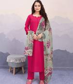 fuchsia pink roman silk solid straight kurta with pant & printed dupatta