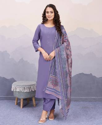  lavender roman silk solid straight kurta with afghani salwar & printed dupatta 1