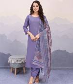  lavender roman silk solid straight kurta with afghani salwar & printed dupatta