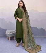 green roman silk solid straight kurta with afghani salwar & printed dupatta