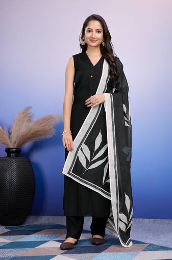  black roman silk solid straight kurta with pant & printed dupatta