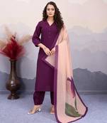  purple roman silk solid straight kurta with afghani salwar & printed dupatta