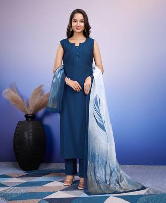  navy blue roman silk solid straight kurta with pant & printed dupatta 1