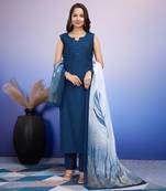  navy blue roman silk solid straight kurta with pant & printed dupatta