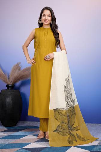  mustard roman silk solid straight kurta with pant & printed dupatta