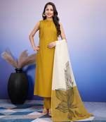  mustard roman silk solid straight kurta with pant & printed dupatta