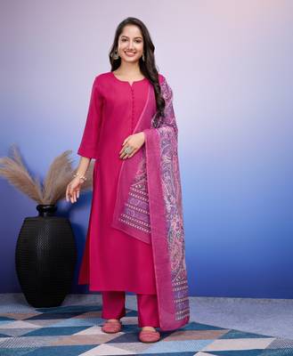  fuchsia pink roman silk solid straight kurta with pant & printed dupatta 1