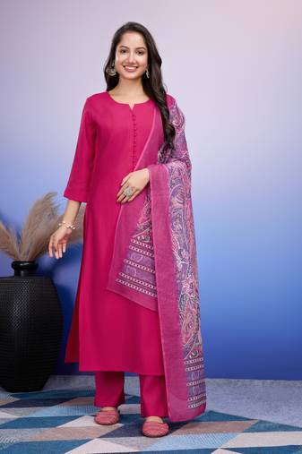  fuchsia pink roman silk solid straight kurta with pant & printed dupatta