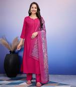  fuchsia pink roman silk solid straight kurta with pant & printed dupatta