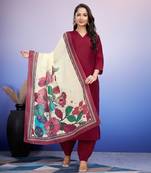  maroon roman silk solid straight kurta with afghani salwar & printed dupatta