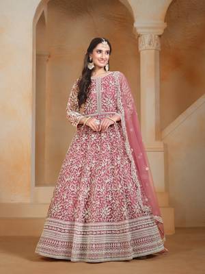 Pink embroidered net anarkali suit 1