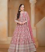 Pink embroidered net semi stitched anarkali suit