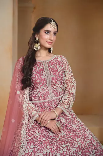 Pink embroidered net anarkali suit
