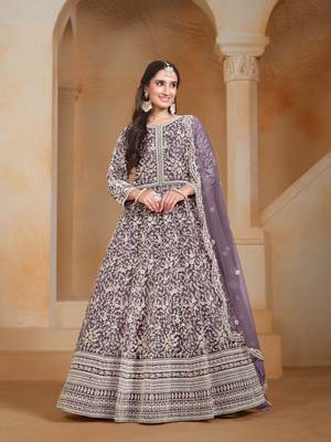 Lavender embroidered net anarkali suit 1
