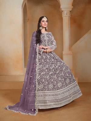 Lavender embroidered net anarkali suit 2
