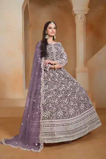 Lavender embroidered net anarkali suit