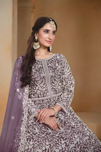 Lavender embroidered net anarkali suit