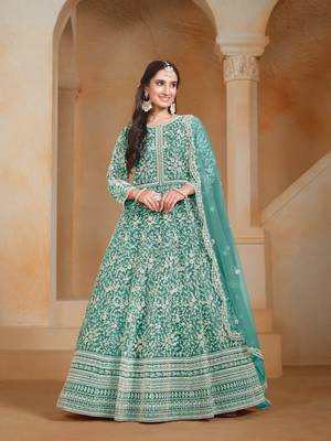 Sea green embroidered net anarkali suit 1