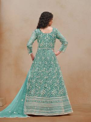 Sea green embroidered net anarkali suit 2