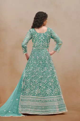 Sea green embroidered net anarkali suit