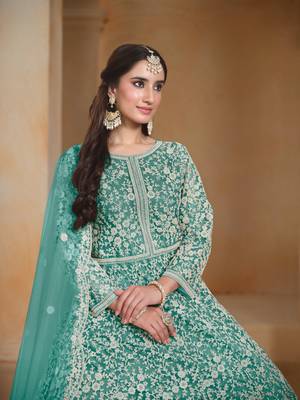 Sea green embroidered net anarkali suit 3