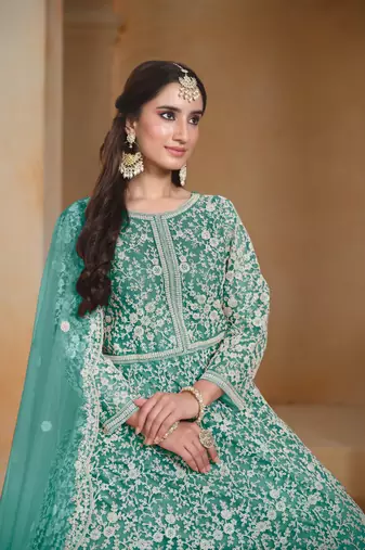 Sea green embroidered net anarkali suit