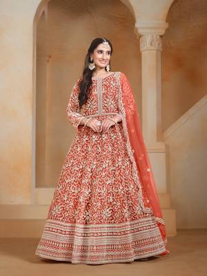 Orange embroidered net anarkali suit 1