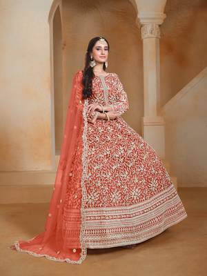 Orange embroidered net anarkali suit 2
