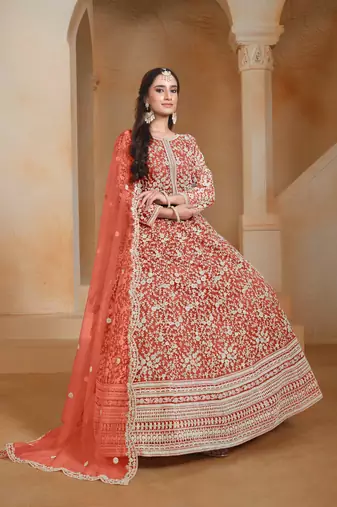 Orange embroidered net anarkali suit