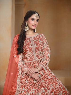 Orange embroidered net anarkali suit 3