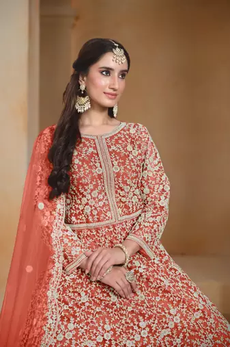 Orange embroidered net anarkali suit