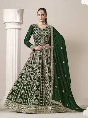 Green embroidered faux georgette semi stitched anarkali suit 1