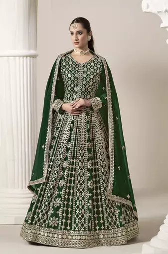 Green embroidered faux georgette semi stitched anarkali suit