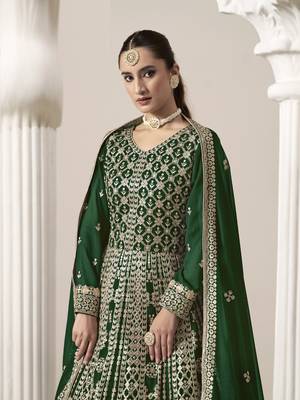 Green embroidered faux georgette semi stitched anarkali suit 4