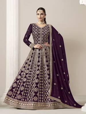 Purple embroidered faux georgette semi stitched anarkali suit 1