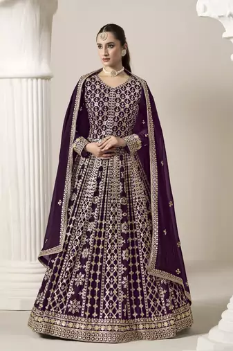 Purple embroidered faux georgette semi stitched anarkali suit