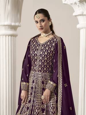 Purple embroidered faux georgette semi stitched anarkali suit 4