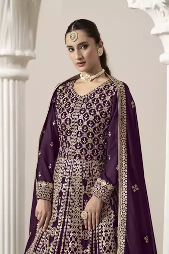Purple embroidered faux georgette semi stitched anarkali suit