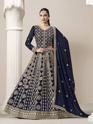 Navy blue embroidered faux georgette semi stitched anarkali suit 1