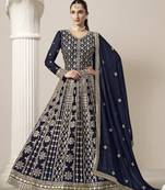 Navy blue embroidered faux georgette semi stitched anarkali suit