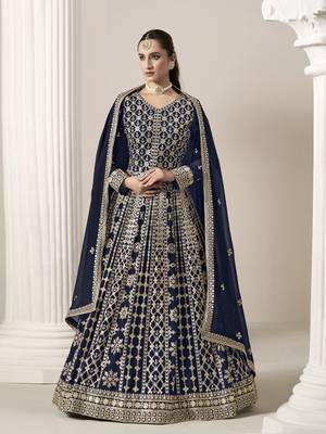 Navy blue embroidered faux georgette semi stitched anarkali suit 2