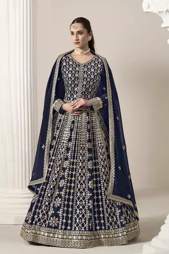 Navy blue embroidered faux georgette semi stitched anarkali suit